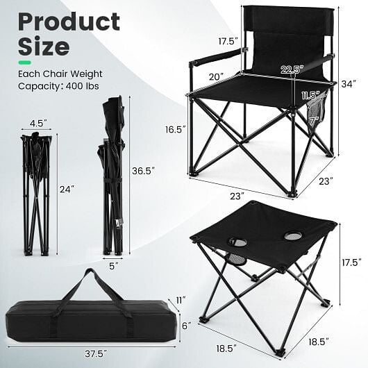 Outdoor Folding Camping Chairs and Table Set with Carrying Bag - Black - Drop line Outdoors
